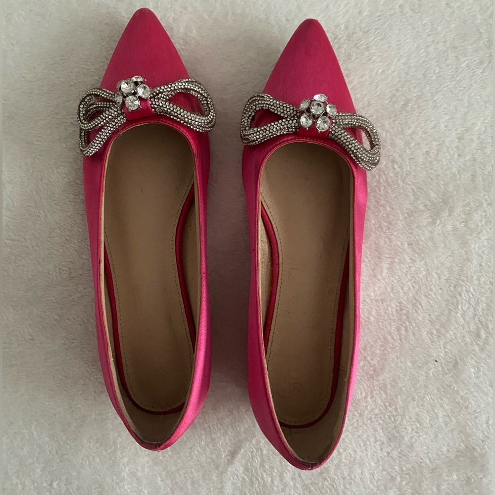 Pink pointed toe ballet flat slip on micro heel shoes rhinestone bow detail - Picture 2 of 13